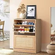 Oikiture Shoe Storage Cabinet with 2 Storage Compartments Shoe Storage Wooden Cupboard Hallway Sideboard