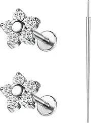 [6ixGosh] 1Pair 16G Flat Back Earrings Stud Threadless Helix Tragus Conch Piercing Jewelry CZ Nose Stud for Women Push in 316L Surgical Steel Cartilage Earrings Lip Medusa Body Piercings Jewelry