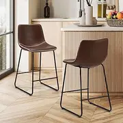 [OIKITURE] Bar Stools 64cm Seat Height Metal Leather Backrest Bar Stools Set of 2 Counter Kitchen Chairs Dining Chair, Brown