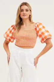 Check Gingham Half Sleeve Shirred Cropped Top - Size 10, Women's Crop Top