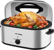 [Kiss the Water] 26 Quart Electric Roaster Oven with Visible & Self-Basting Lid, Large Turkey Defrost Warm Function, Adjustable Temperature, Removable Pan Rack, Stainless Steel, Silver
