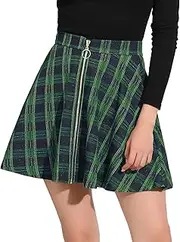 [Allegra K] Women's Zip Up High Waisted A-Line Metallic Skater Plaid Mini Skirt