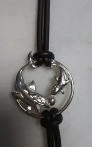 Silver Dolphin Bracelet ~ 2 Dolphins Playing w/ball 7" woven leather cord