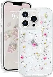 [L-FADNUT] for iPhone 13 Pro Max Case Floral Clear Glitter Star Case Girls Woman Cute Bumper Slim Fit Shockproof Silicone Soft Back Protective Phone Cover for Apple iPhone 13 Pro Max Pink