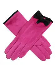 [Dents] Velour-Lined Faux Suede Gloves with Trim and Bow in Pink