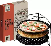 Pizza Baking Set with 3 Pizza Pans and Pizza Rack, (11-Inch Pans), Non-Stick Per