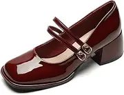 [DAGIN] Women's Chunky Heels Platform Mary Janes Square Toe Pumps Patent Leather Block High Heel Dress Shoes, Red, 3 UK