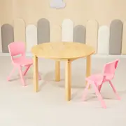 80CM Round Wooden Kids Table and 2 Pink Chairs Set Pinewood Timber Childrens Desk