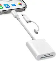 SD Card Reader for iPhone iPad, Dual Connector (Lightning&USB-C) USB C to Micro SD Memory Card Reader, 2 in 1 Portable SD and TF Card Trail Camera Viewer, Plug and Play
