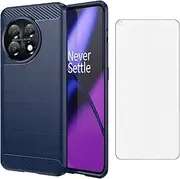 [Asuwish] Phone Case for OnePlus 11 5G 2023 with Tempered Glass Screen Protector Cover and Cell Accessories Silicone Soft Rubber Slim One Plus11 1 Plus 1plus11 One+ 1+ Women Men Carbon Fiber Blue