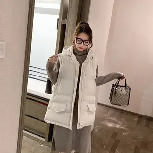 FUXI 羽絨背心外套 連帽外套女 棉服外套 韓版寬鬆保暖鋪棉背心 麵包背心 長版背心 防風防潑水加厚背心 馬甲外套