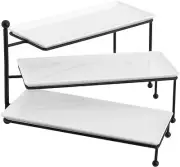 3 Tiered Serving Stand White Porcelain Platters 14.5" x 6" Black Metal Stand