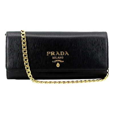 Prada Black Vitello Move Leather Chain Crossbody Wallet Clutch NEW