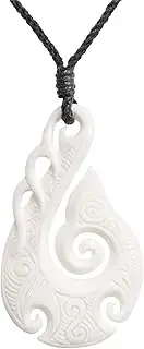 [81stgeneration] Carved Bone Koru Hei Matau Pendant with Ocean Waves - Maori Style Necklace - Women's Men's Tribal Jewellery - Cord Hawaii Necklace with Bone Fish Hook - Surfer Accessories