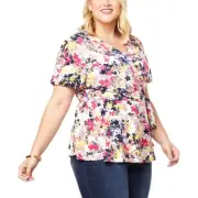 Nina Leonard Bubble Sleeve Faux Wrap Top Color Dragonfruit Multi Size 1X #794096