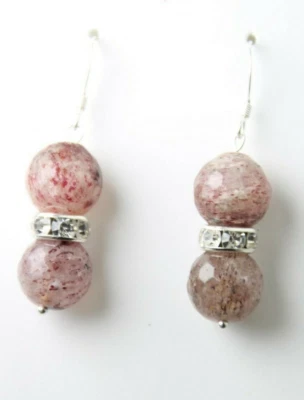 Strawberry Quartz Earrings 10mm Gemstone Ball 925 Sterling Silver 1 1/2"