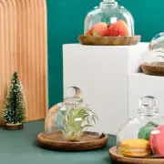 Glass Cake Stand with Dome Wooden Serving Tray Dessert Display Plate Cake Plate