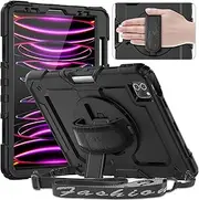 Timecity Protective Case for iPad Pro 12.9 inch 6th/ 5th/ 4th/ 3rd Generation, with Strong Protection, Screen Protector, Hand/Shoulder Strap, Rotating Stand, Pencil Holder - Black