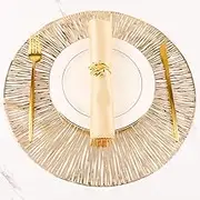 Evevda Placemats for Dining Table Set of 6 Round Hollow Out Table Mats Pressed Metallic Vinyl Plastic Place Mats Table Decoration for Holiday Wedding Accent Centerpiece(Gold Radial Circle)