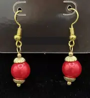 Ornament Red Faux Pearl Bead Gold Tone Earrings by Neanie-Bot