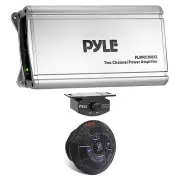 Pyle PLMRC300X2 600W 2Ch Class D Marine Amp Bundle with Wireless Receiver Remote