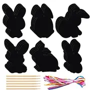 Rainbow Color Easter Scratch Ornaments, 24X Rainbow Color Scratch Off, 3.94x3.03 Inches, Paper Bunny Ornaments, Cute Bunny Scratch Egg Basket Stuffers, Stick and Ribbon for Kids