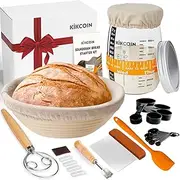 Complete Sourdough Starter Kit, Kikcoin Banneton Bread Proofing Basket Set Includes 35oz Sourdough Starter Jar, Sourdough Bread Baking Supplies with Bread Lame, Danish Whisk, Dough Scraper