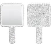 Wowagoga Sparkling Rhinestone Square Shaped Handheld Mirror Square Mirror Cosmetic Hand Mirror with Handle Cute Hand Mirror for Women Girls(White)