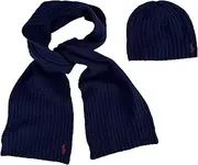 [POLO RALPH LAUREN] Men's 2 Piece Set Hat & Scarf Navy Lambswool Blend