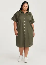 [Taking Shape] Taking Shape Cotton Linen Shirt Dress Size 16 in Olive - Plus Size Women's Clearance Olive
