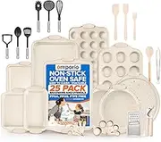 Emporio Kitchen Baking Pan Set - Nonstick Coating, Carbon Steel Bakeware Set with White Silicone Handle, PFOA, PFOS, PTFE Free, Recipe Booklet Included, Oven Safe Tray (Up To 450° F) Set of 25 - White