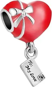 [MiniJewelry] Red Love Heart Silver Bow Tie Letter Dangle Charm Compatible with Pandora Charms Bracelet Women Wife Girlfriend Anniversary, Copper Cubic Zirconia, Cubic Zirconia