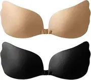 [Ellxen] Pack of 2 Adhesive Push Up Bra, Reusable Invisible Silicone Backless Bra, Skin-Friendly, Self-Adhesive Bra, Suitable for Any Occasion and Outfit (Black, Skin-Coloured, B Cups), Black and