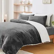 LINENOVA Dual-Sided Teddy Fleece Flannel & Sherpa Quilt Cover Set, Ultra Soft & Warm Reversible Queen Size Duvet Cover, Doubles as a Standalone Blanket with Zipper Closure (3 Pieces, Charcoal)