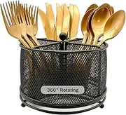 DysanVica 360° Rotating Metal Utensil Caddy - 4 Compartment Silverware Cutlery Holder Rotation Fork Spoon Napkin Organizer Flatware Storage Basket Party Countertop Buffet Picnic Camping Outdoor Black