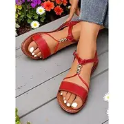 Women's Red Flat Sandals – Comfortable Summer Shoes with Metal Accents for Beach, Park and Garden Parties