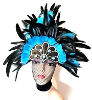 Samba Feather Headdress Black Turquoise Vegas Showgirl Rio Carnival Mardi Gras