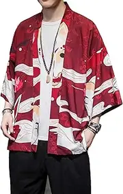 [PRIJOUHE] Men's Japanese Kimono Cardigan Jackets Casual Long Sleeve Open Front Coat Lightweight Yukata Outwear