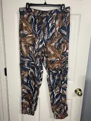 NWT Nicole Miller Sz L Navy/Brown Palm Print Lyocell Pull-on Cargo Jogger Pants