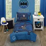 Warner Brothers Batman Bat-Tech Navy, Teal, Royal Blue, and Black 4 Piece Toddler Bed Set - Comforter, Fitted Bottom Sheet, Flat Top Sheet, and Reversible Pillowcase