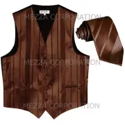 New Men's Tuxedo Vest Waistcoat Stripes Necktie prom wedding formal party Brown