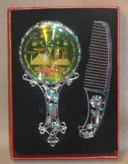 Vintage SINGAPORE Metal Comb & Mirror Set Art Deco Jewel Encrusted w Display Box