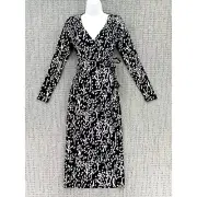 Diane Von Furstenberg Midi Dress Size XXS Black White Wrap Long Sleeve Tie Waist