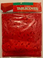 Vintage Christmas Red Fabric Polyester Amscan Tablecloth Holly Design 52 X 90