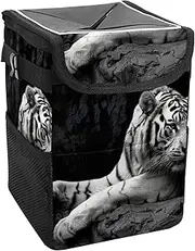 Car Trash Can with Lid and Storage Pockets Leak-Proof Organizer,Waterproof Garbage Can,White Tiger Portrait