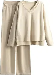 [Generic] Women's Loose Casual Sweater Two Piece Set Solid Long Sleeved Pullovers High Waist Wide Leg Pants Lounge Sets Tracksuit