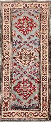 Geometric Super Kazak Light Blue/ Ivory Runner Rug 2'x6' Wool Hand-made Carpet