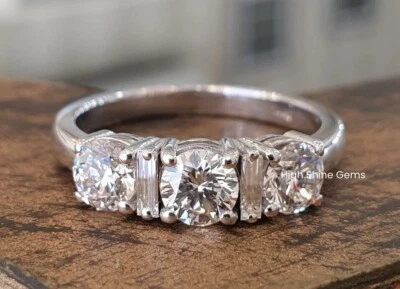 Round & Baguette Cut Moissanite Five Stone Wedding Ring Solid 14K White Gold