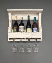 Wall Mount 4 Bottle Wine Rack - Amish Made Wine Storage with Glass Hanger - Bar