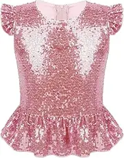 [iEFiEL] Kids Girls Zipper Back Shiny Sequins Shirt Short Flutter Sleeves Tops Sparkly T-Shirt